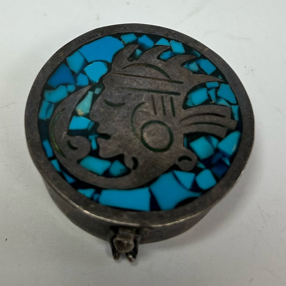 Vintage Sterling Silver Mexico Taxco trinket box crush turquoise inlay 34 grams - Picture 1 of 7
